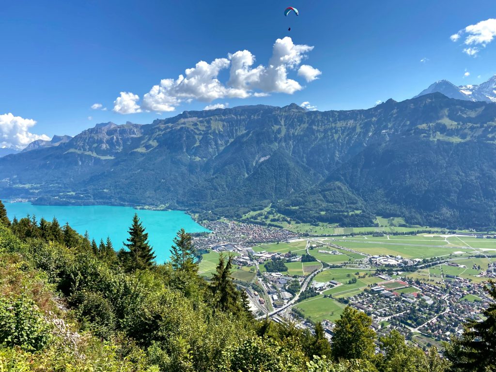A turquoise lake in a valley beside a small town, surrounded by green hills and tall mountains, with a paraglider in the sky.
